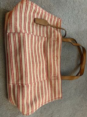 Striped Canvas Tote Bag with Tan Leather Handles